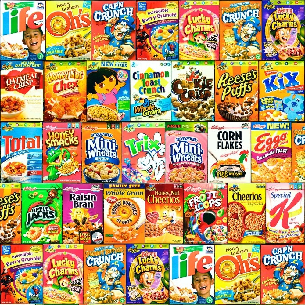 Grid collage of vintage cereal boxes with cartoon mascots and colorful packaging