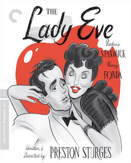 Illustrated Criterion Collection cover for The Lady Eve showing a man and woman with red aples