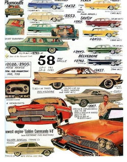Vintage 1958 Plymouth car advertisement showing multiple automobile models in different colors