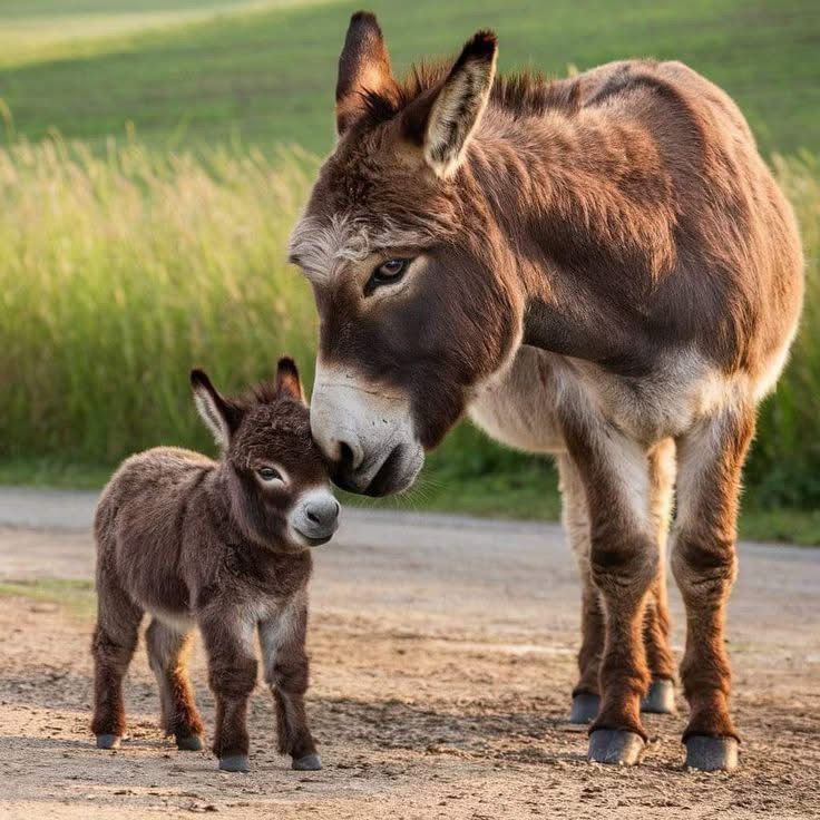 Mother donkey standing with her foal on a dirt path