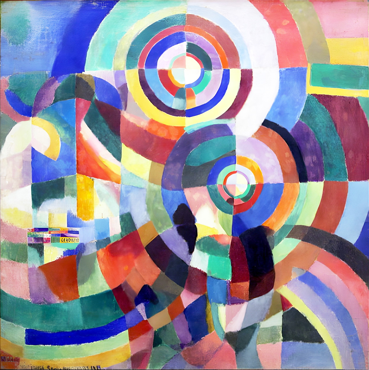 Abstract painting with colorful concentric circles and geometric arcs in red, blue, yellow, green, and orange