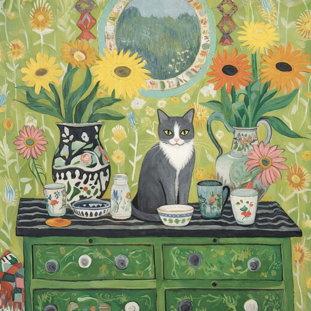 Tuxedo cat sitting on green dresser with sunflowers and decorative items in folk art style
