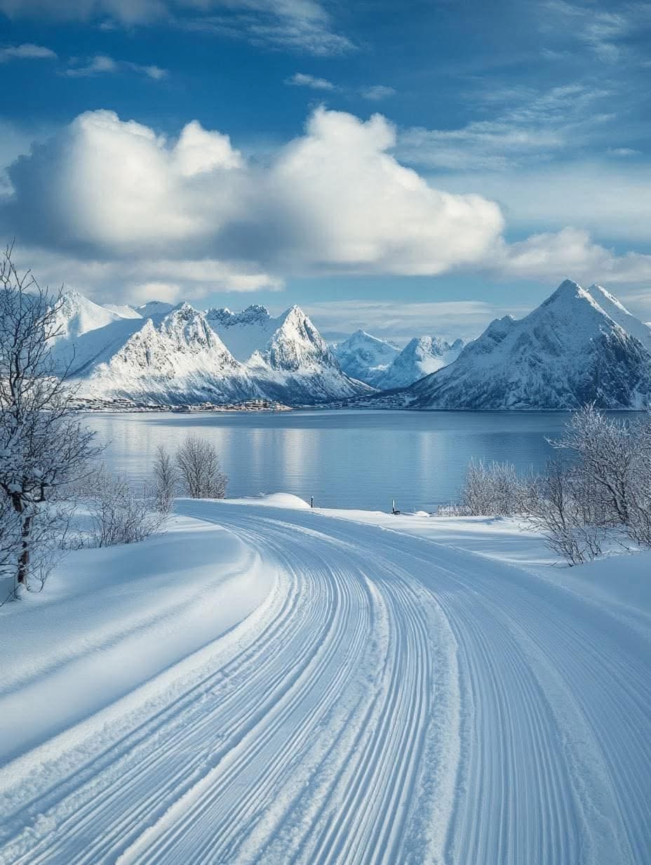 Snow-covered winding road with mountains and frozen lake in Norway winter scene