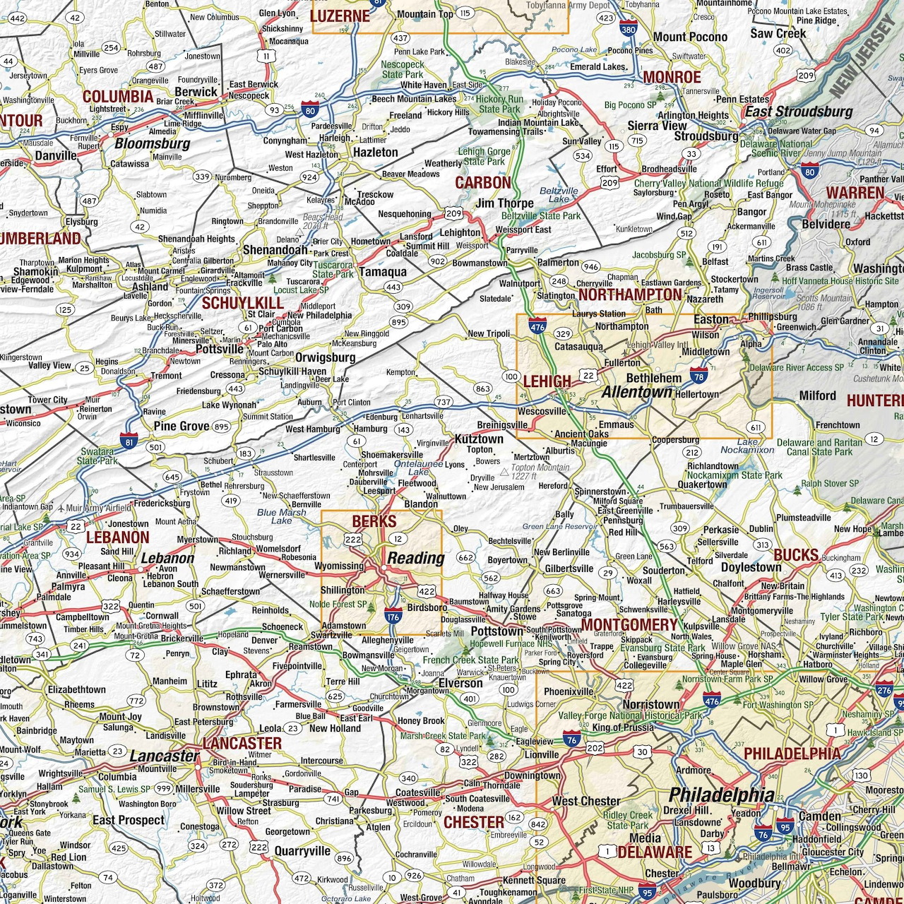 Detailed road map of southeastern Pennsylvania with labeled cities and highways