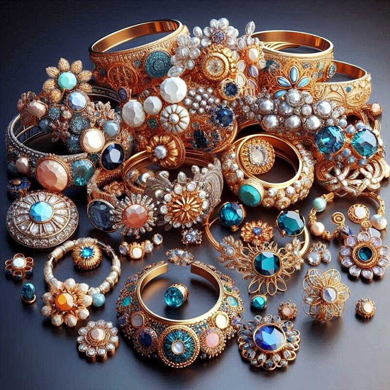 Assorted vintage copper jewelry with pearls and turquoise stones arranged on dark surface