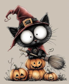 Black cartoon cat with large eyes in witch hat sitting on Halloween pumpkins holding broom