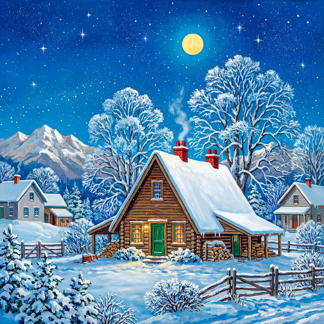 Snowy Winter Night Cabin