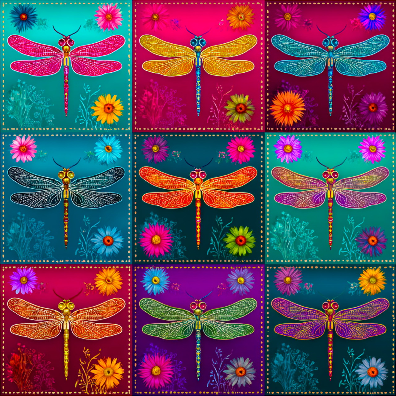 Colorful patchwork grid of nine squares, each with a decorative dragonfly and flowers on rich jewel-toned backgrounds