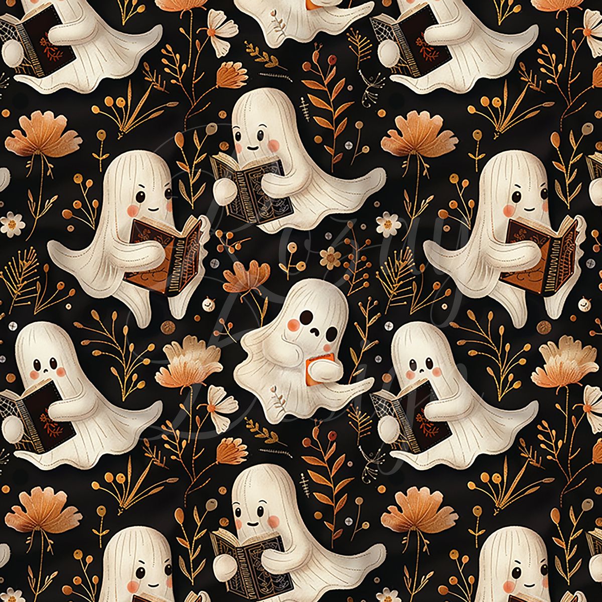 Repeating pattern of friendly white ghosts among orange flowers and autumn leaves on black background
