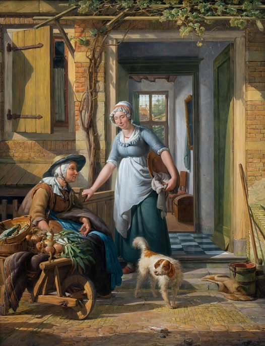 Dutch genre painting of a maid and vegetable seller at a doorway with a small dog on a checkered floor