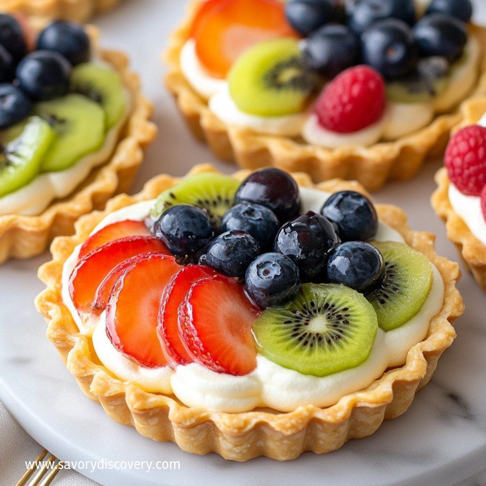 Three fruit tarts with cream filling topped with kiwi, blueberries, raspberries and strawberries in golden pastry shells