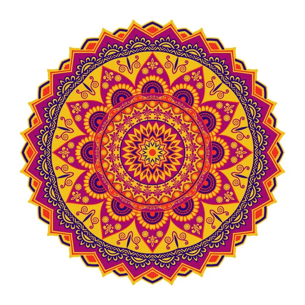 Colorful mandala with intricate floral patterns in orange, magenta and purple on yellow background