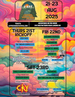 Colorful music festival flyer with band lineup and dates August 21-23 2025
