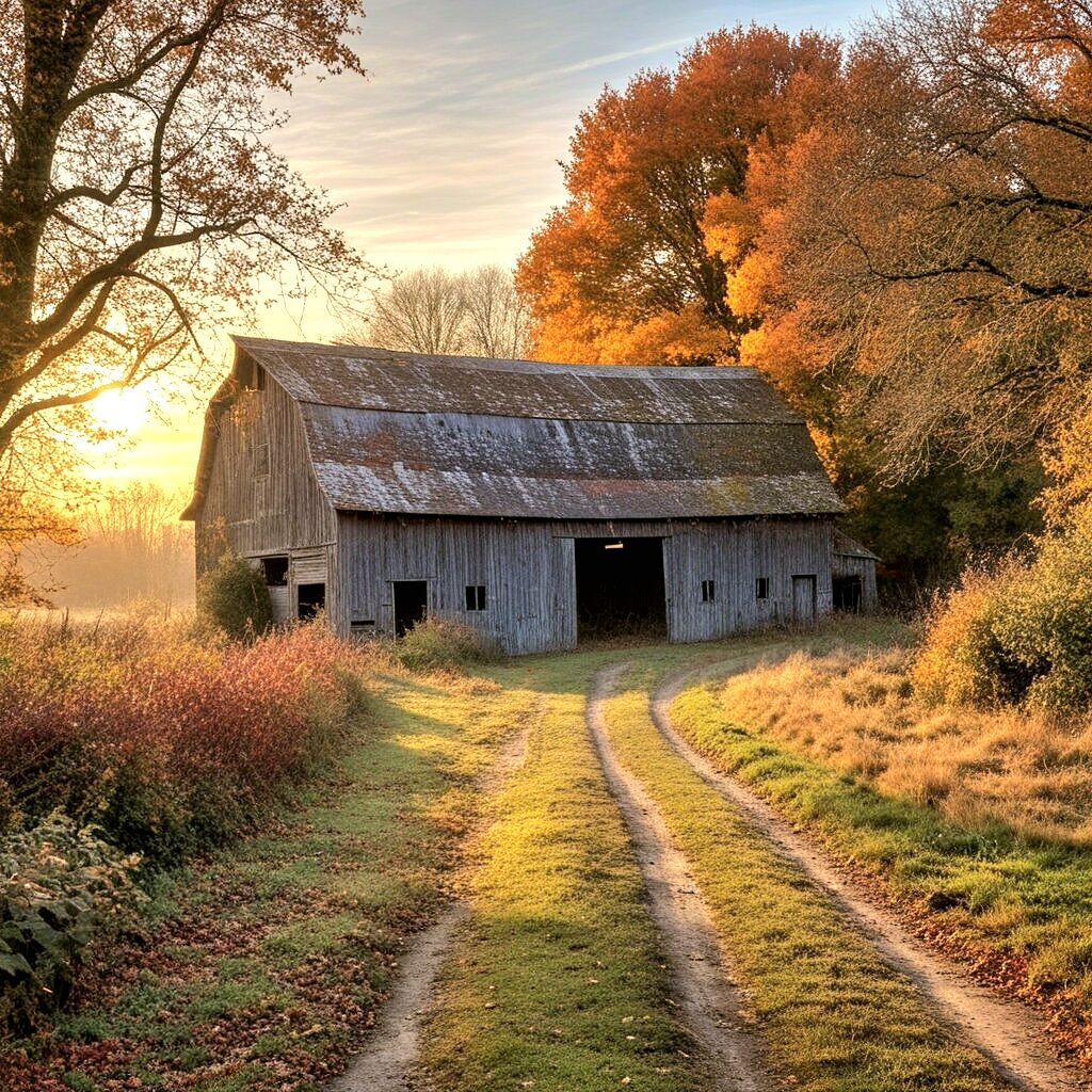 Old weathered barn with dirt path leading to it, surrounded by autumn trees at sunset
