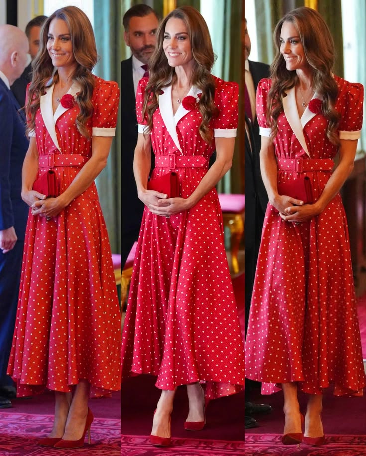 Woman wearing red polka dot dress with white collar at formal event