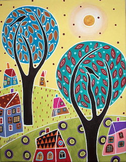 Folk art scene with two decorative trees, colorful village houses, birds, and sun in naive style