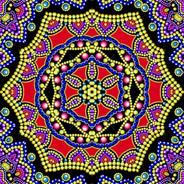 Colorful dotted mandala with geometric patterns in red, blue, yellow, and purple on black background