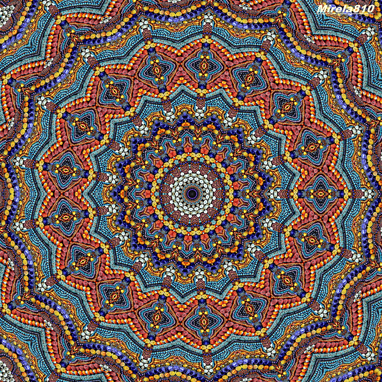 Detailed mandala with symmetrical geometric patterns in blue, red, orange and cream radiating from center