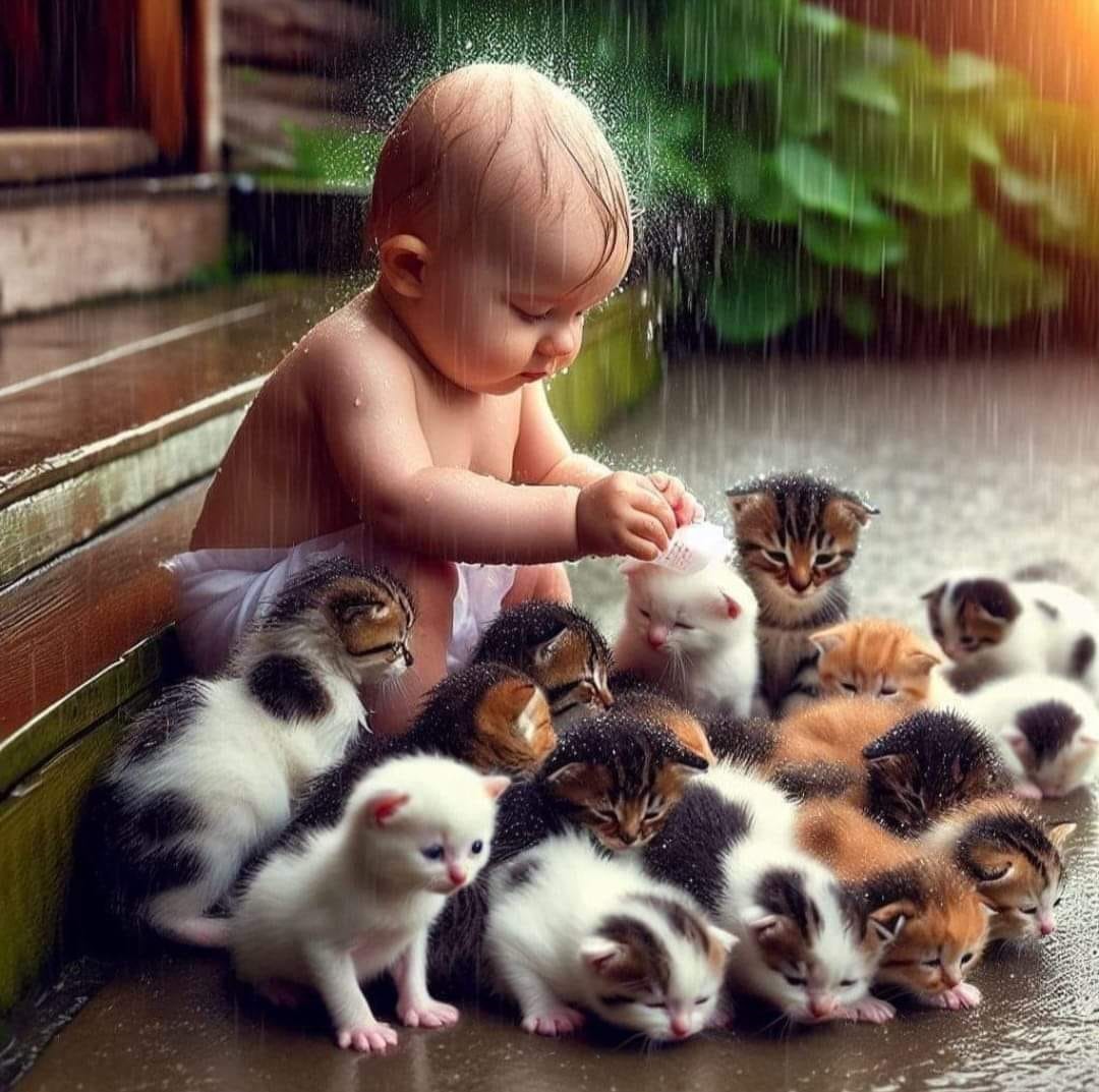 Toddler sitting with multiple kittens on a porch with green foliage in background