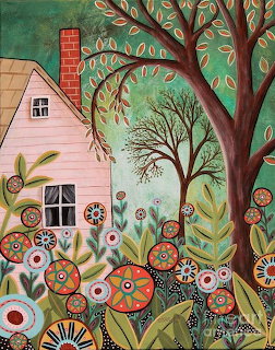 Folk art painting of cottage with red chimney surrounded by colorful stylized flowers and trees