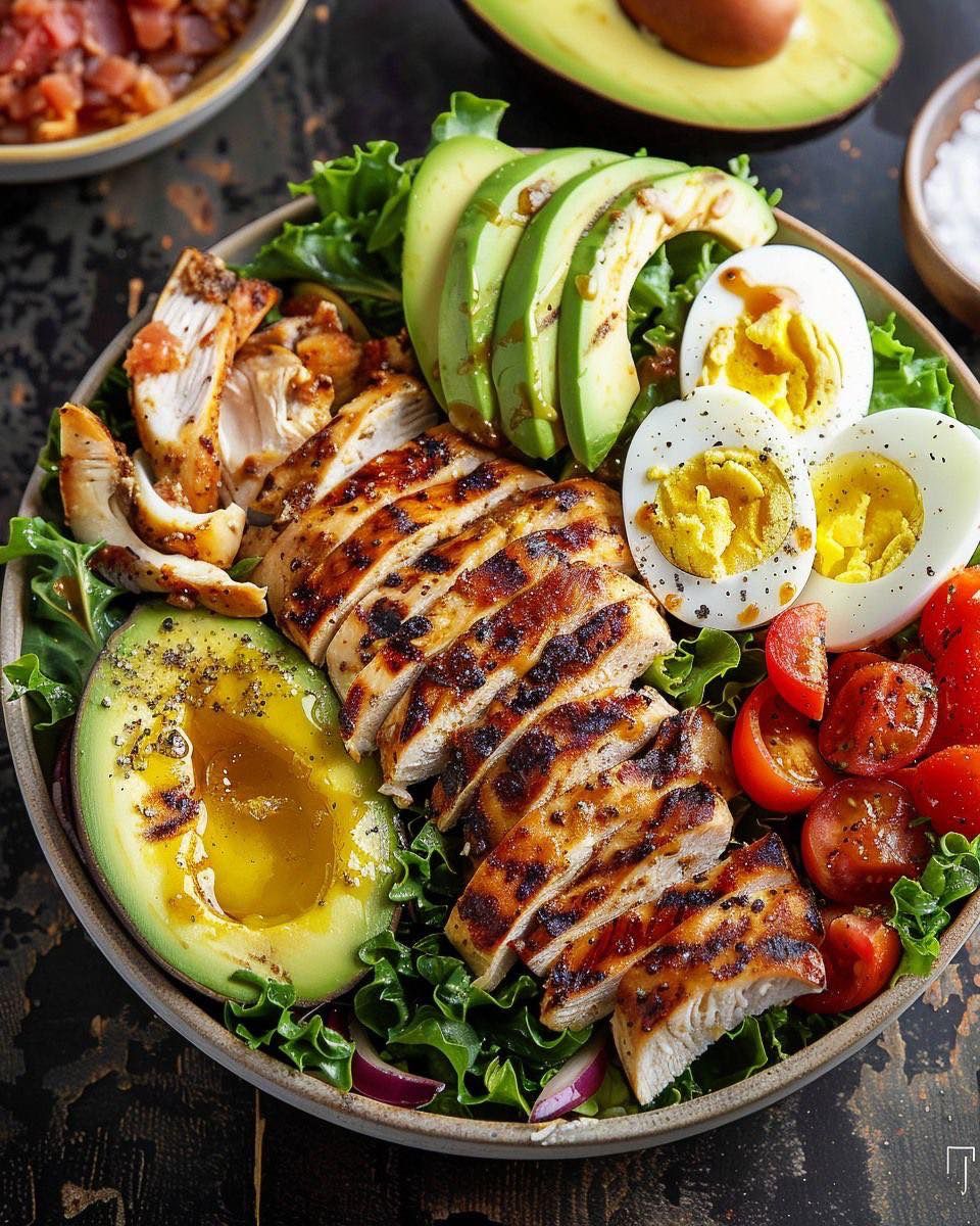 Salad bowl with grilled chicken, avocado slices, boiled eggs, tomatoes and greens