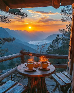 Two coffee cups on a wooden balcony overlooking mountains at sunrise