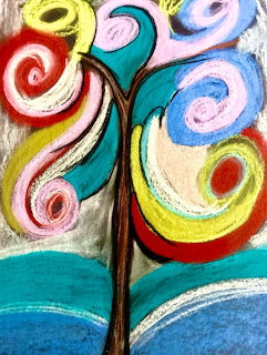 Abstract painting of a colorful tree with swirling spiral branches in red, blue, yellow and teal