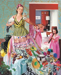 Painting of woman in yellow striped dress with elaborate food spread and pink-dressed figures in decorated interior