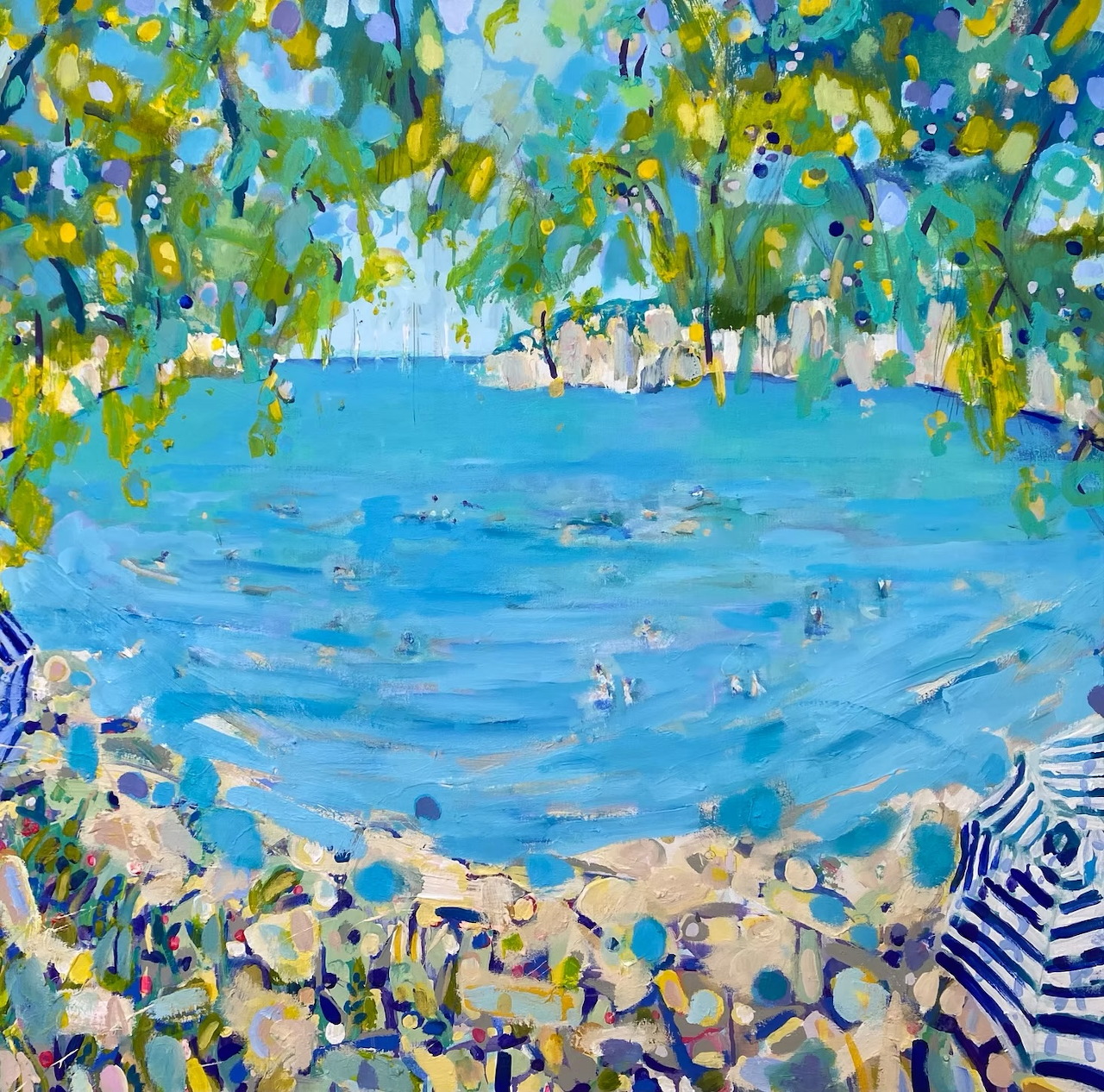 Impressionist painting showing crowded beach with swimmers, blue ocean, green trees overhead, and striped beach umbrellas