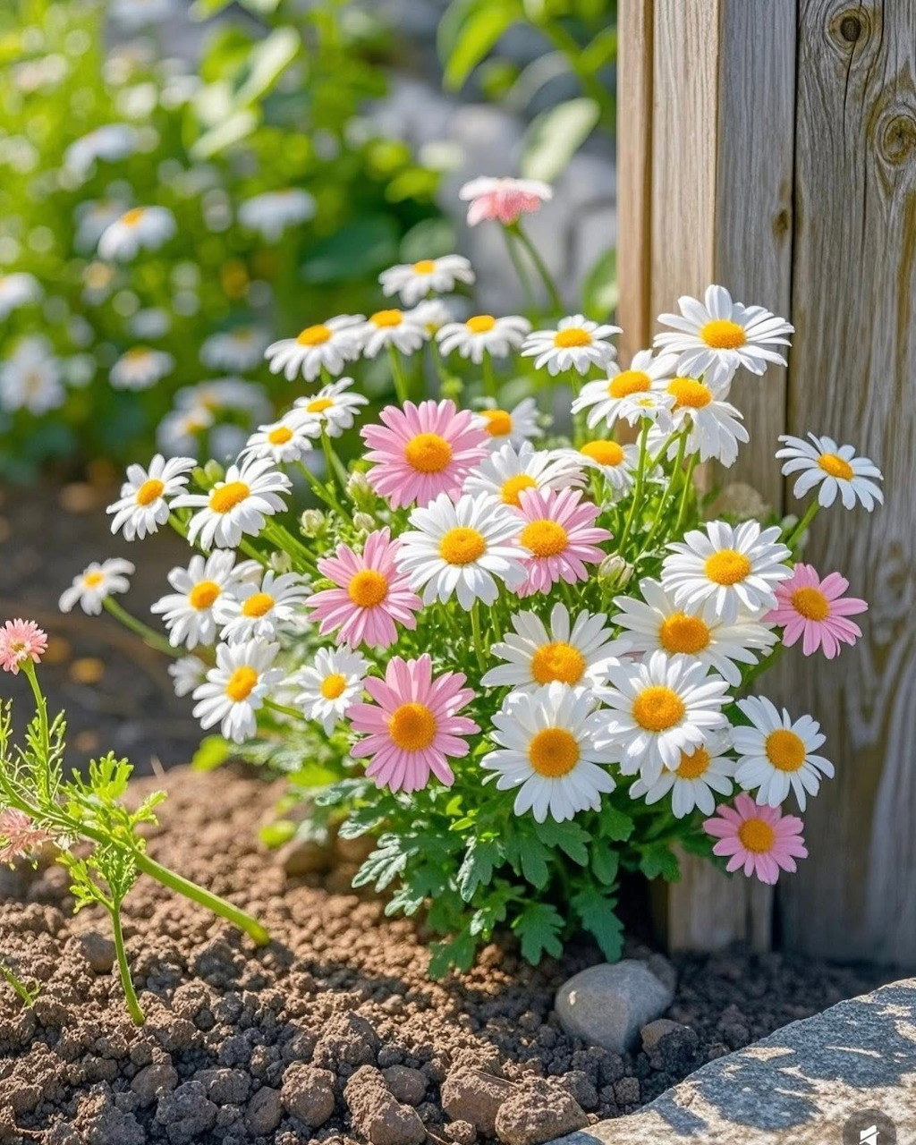 Pink and white daisy flowers blooming in garden bed next to wooden post