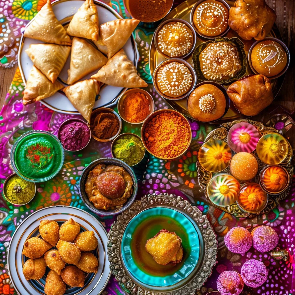 Colorful spread of Indian food with samosas, sweets, spices, and sauces on a patterned table