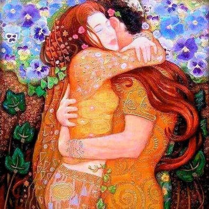Painting of two women hugging closely in a floral background with patterned garments