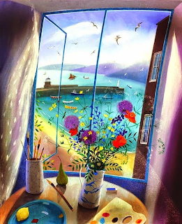 Colorful painting of an open window with a sea view, flowers in a vase, and fruit on a table indoors