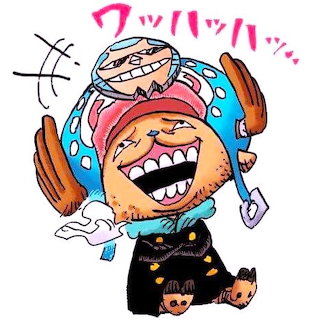 Anime character Chopper laughing happily with blue hat and antlers