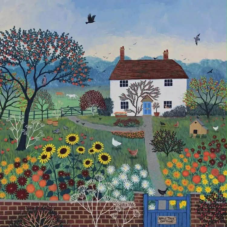 Folk art painting of a white cottage behind a colorful flower garden with trees, birds, and blue hills