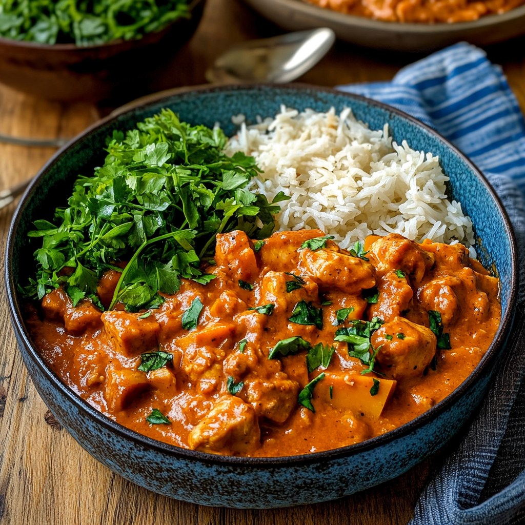 Blue bowl with chicken curry, white rice, and greens on wooden table
