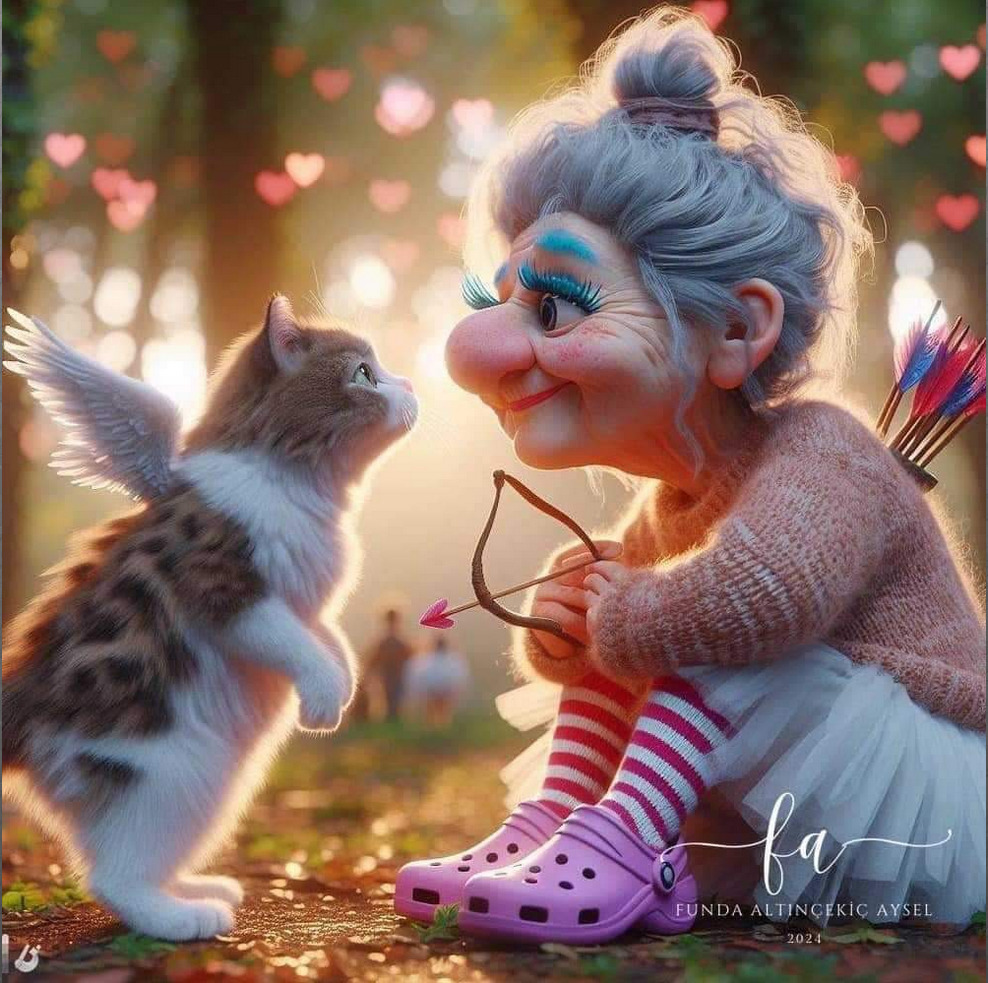Elderly woman character as Cupid with bow holding kitten in garden with fairy lights
