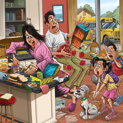 Cartoon family rushing in chaotic kitchen with mess, dog, and school bus outside window