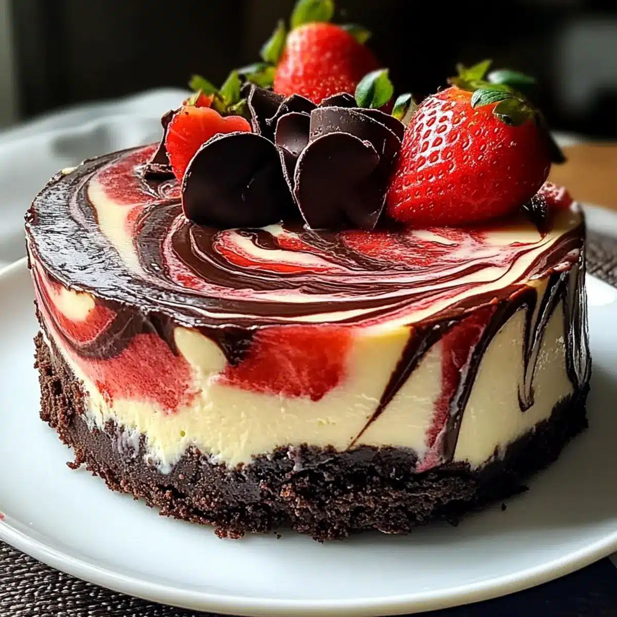 Layered cheesecake with chocolate swirl, fresh strawberries and chocolate decoration on white plate