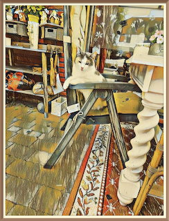 Fluffy cat sitting on a stool in a cozy artist's studio with brushes, shelves, and patterned rugs