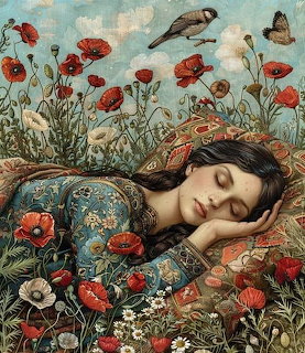 Painting of a sleeping woman lying among red poppies and wildflowers