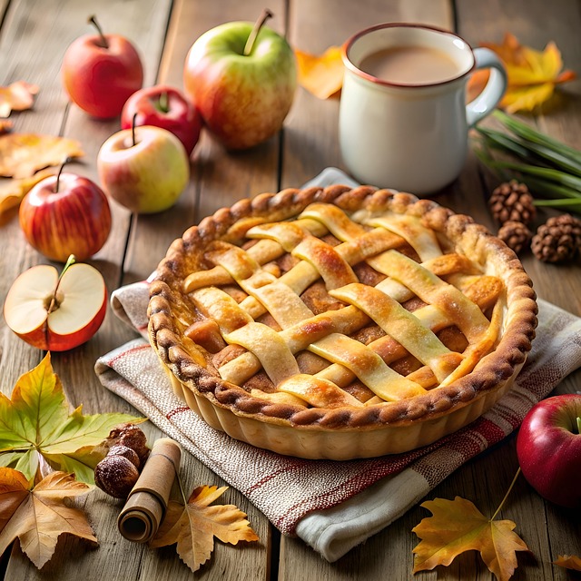 Lattice apple pie on a rustic wooden table with apples, a mug, cinnamon sticks, and autumn leaves