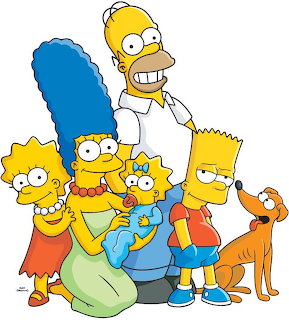 The Simpsons family posed together with their brown dog