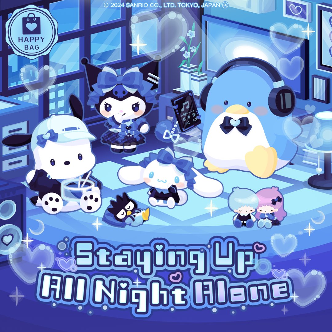 Sanrio characters relaxing in a blue-lit bedroom with plush toys and gaming equipment at night