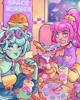 Two anime girls with colorful hair eating burgers in a vibrant space-themed diner