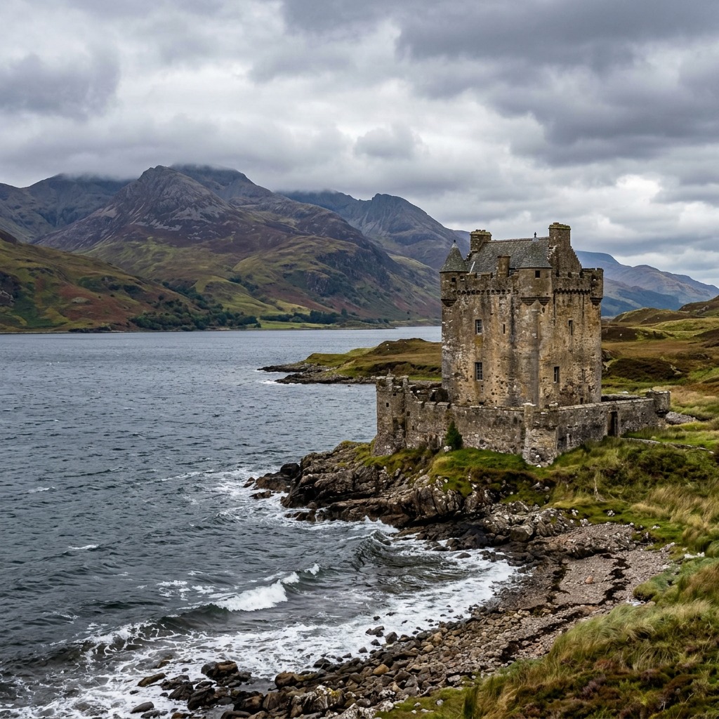 Stone castle ruin on rocky Scottish coastline with mountains and cloudy sky