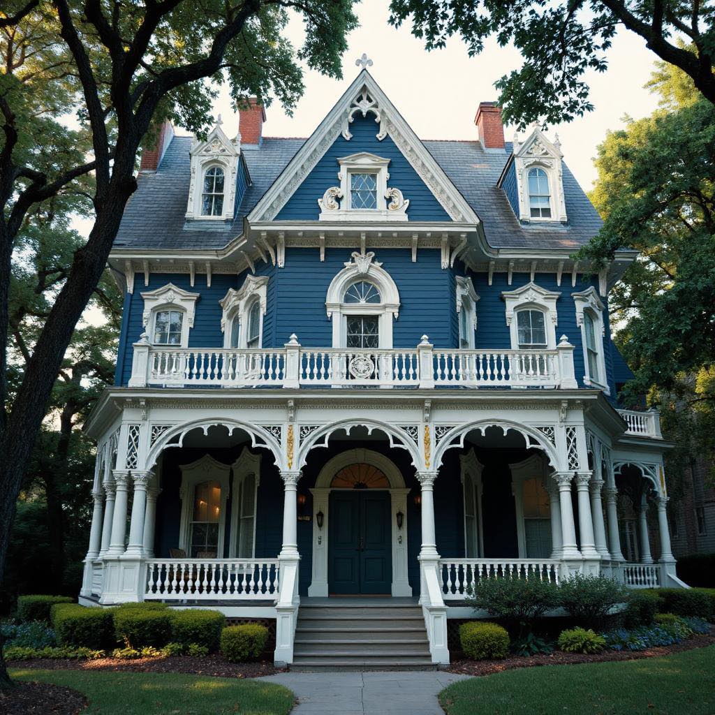 Blue Victorian house with white trim and wraparound porch beneath large trees