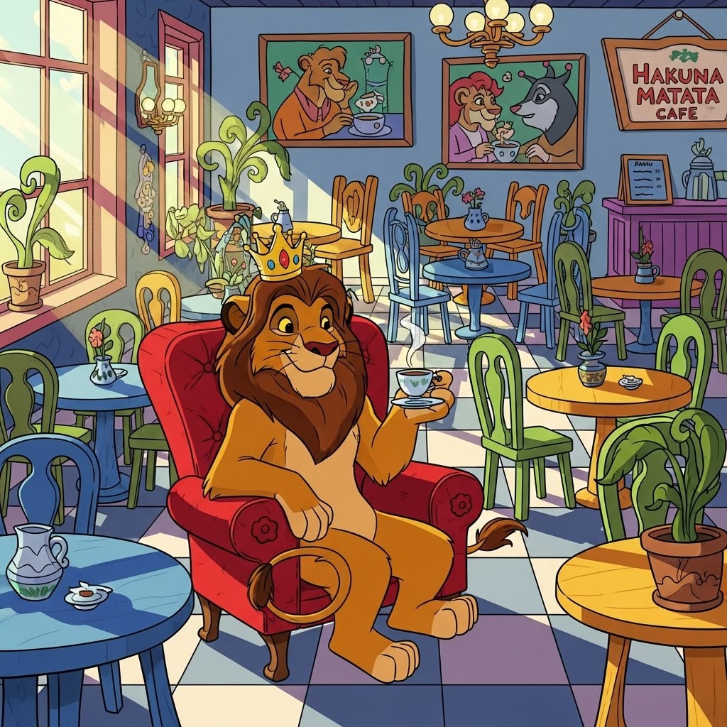 Cartoon lion with a crown sitting in a red armchair inside a colorful cafe