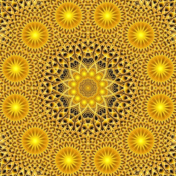 Intricate golden mandala with geometric patterns and radiating sunburst designs