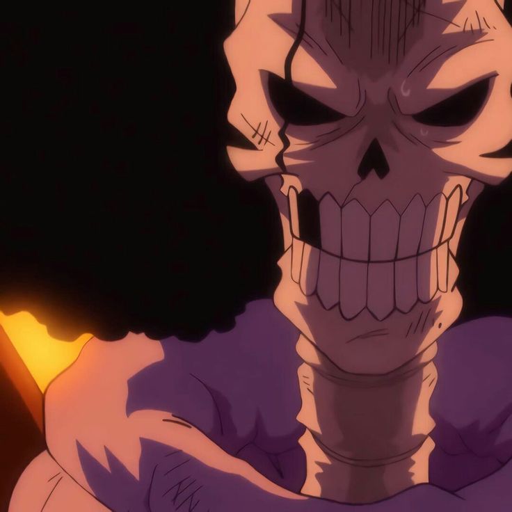 Brook skeleton character from One Piece anime with glowing orange flames in dark setting
